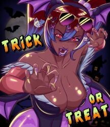 1girls bat big_breasts bimbo blood_drip blood_in_mouth blood_on_face blood_stain breasts claw_pose cleavage cosplay dark-skinned_female dark_skin darkstalkers dazol dulce_(dazol) eyelashes eyeshadow fangs female female_only final_fantasy final_fantasy_xiv glowing_eyes gyaru hair_between_eyes hair_ornament halloween head_wings huge_breasts hyur large_breasts lipstick midlander morrigan_aensland morrigan_aensland_(cosplay) nail_polish nails nails_painted open_mouth open_mouth_smile original_character red_eyes red_hair self_lick slit_pupils smile stockings toned toned_female trick_or_treat twintails wings