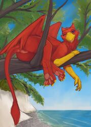 anus avian blep claws female feral fingerprint_(artist) genitals gryphon hi_res mythological_avian mythological_creature mythology pawpads plant pussy smile solo tongue tongue_out tree