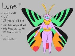 2d 2d_(artwork) antennae breasts cyan_eyes eyebrows eyelashes fur_collar heart heart_symbol hi_res information insect insect_girl lune_(philahorns) moth moth_girl nipple philahorns purple_body pussy tagme wings yellow_fur yellow_nipples