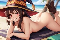 1girls ai_generated ass beach brown_hair kono_subarashii_sekai_ni_shukufuku_wo! looking_at_viewer megumin naked naked_female nude nude_female perchance_ai red_eyes short_hair smile smiling_at_viewer teenage_girl teenager wet wet_body wide_hips witch_hat