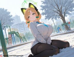 ai_generated beautfiul_background bored flickering_streetlights huge_breasts midori_(blue_archive) playground snowy stormy stunning_backgroud wariza