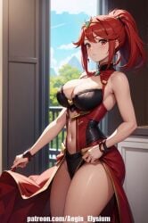 1girls aegis_elysium ai_art ai_generated blush blush breasts cleavage dress female female_focus gem gloves hair_ornament headpiece highres huge_breasts jewelry large_breasts looking_at_viewer medium_hair nintendo patreon patreon_username pyra pyra_(xenoblade) red_dress red_eyes red_hair smile solo solo_focus standing swept_bangs thick_thighs thighs tiara watermark xenoblade_(series) xenoblade_chronicles_(series) xenoblade_chronicles_2