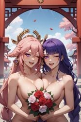 ai_generated brim_118 female genshin_impact long_hair nude nude_female open_mouth petals pink_hair purple_hair raiden_shogun roses two_girls wink yae_miko