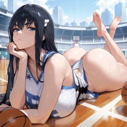 1girls ai_generated ass basketball basketball_uniform big_ass big_breasts black_hair breasts bubble_butt dat_ass female_only huge_ass huge_breasts kill_la_kill kiryuuin_satsuki krownedkueens light-skinned_female short_shorts shorts stadium tank_top thick_thighs thighs two_tone_clothing white_shirt white_shorts