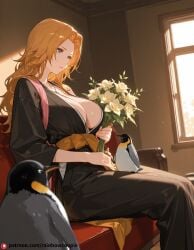 ai_generated bouquet can huge_breasts matsumoto_rangiku penguin sad sitting_with_legs_spread