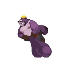 2025 animated anthro balls bara belly big_balls black_nose bottomwear canid canine clothing fur genitals huge_balls kemono male male_only mammal moobs nanadragon4 nipples overweight overweight_male pants purple_body purple_fur raccoon_dog short_playtime solo tanuki tentama