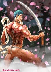 1boy ass ayukisa back_muscles back_view bara bead_necklace beefy biceps big_ass biting_clothes blade bubble_butt buddha cherry_blossoms eyeshadow flower_petals fundoshi fundoshi_only grin hi_res holding_object holding_weapon katana looking_at_viewer looking_back male male_only manly mature_male muscles muscular muscular_arms muscular_ass muscular_back muscular_legs muscular_male muscular_thighs necklace open_legs plump_ass quadriceps red_eyes rokushaku_fundoshi short_hair slim_waist solo standing steam tattoo tattoo_on_back tattooed_arm teal_hair thick_arms thick_thighs tight_ass topless tough_guy touken_ranbu tree triceps white_fundoshi yamabushi_kunihiro yaoi