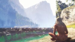 3d ass barefoot beach breasts cd_projekt_red ciri female female_only long_hair outside sitting solo tattoo the_witcher_(series) the_witcher_3:_wild_hunt white_hair xpsfm