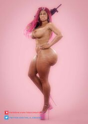 1girls 3d 3d_(artwork) ass_out big_ass big_boob big_breasts big_butt breasts breasts_out busty busty_female celebrity curvaceous_female curvy curvy_female dark-skinned_female female female_only holding_gun holding_object holding_weapon nicki_minaj nipples pink_hair pink_high_heels real_person rifle sideass sideboob the_x_creator