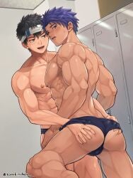 2boys abs ass back_muscles balls_under_clothes bandana bangs beefy biceps big_areola black_eyes black_hair blush both_hands_on_ass bubble_butt collarbone duo ebitendon erect_nipples gay grabbing grabbing_ass half-closed_eyes hand_in_panties hand_on_leg happy headband hi_res indoors kneeling locker locker_room looking_at_another looking_at_viewer looking_back looking_down male male/male male_only mature_male muscles muscular muscular_arms muscular_ass muscular_back muscular_legs muscular_male muscular_thighs original original_character pecs plump_ass purple_hair short_hair six_pack soft_ass spread_legs standing sweat sweatdrop swim_briefs swimsuit tan tan_body tanline topless torakichi_(ebitendon) torakitchen yaoi