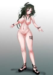 absurdres armlet blush breasts collar commentary female gradient_background highres jewelry leg_tattoo long_hair looking_at_viewer navel nipples nude original paschoari red_eyes sandals shadow smile solo standing tachi-e tattoo