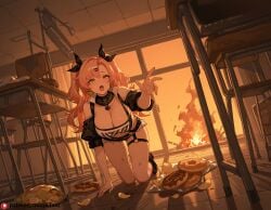 ai_generated beautfiul_background blush burning chips classroom cluttered_room dimly_lit dirty_floor doughnut huge_breasts meat nicole_demara reaching stunning_backgroud