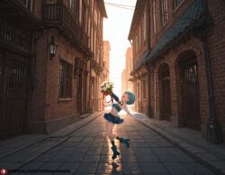 ahe_gao ai_generated beautfiul_background bouquet flat_chest flower jumping miki_sayaka nintendo_3ds street stunning_backgroud