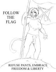 2021 absurd_res anthro balls big_breasts bottomless breasts caroline_(fiercedeitylynx) clothed clothing domestic_cat english_text felid feline felis fiercedeitylynx flaccid flag genitals glare gynomorph hair hi_res huge_breasts intersex mammal monochrome penis propaganda_poster shirt shirt_only short_hair siamese simple_background solo standing tail teeth text topwear topwear_only trans_woman transfem