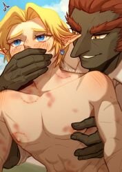 bruised ganondorf ganondorf_(ocarina_of_time) link link_(ocarina_of_time) male male/male male_only nemoraa nipple_play nipple_tweak older_man_and_younger_boy size_difference the_legend_of_zelda the_legend_of_zelda:_ocarina_of_time