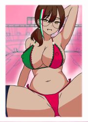 armpit bra breasts brown_body brown_eyes brown_hair chilo_chan chilo_sports glasses mexican_female nipples_visible_through_clothing panties smile smiling_at_viewer