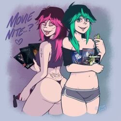 2girls ass bare_shoulders breasts butt english_text green_eyes green_hair lighter original red_eyes red_hair red_sclera shorts text zag_(ziggysmut) ziggy_(ziggysmut) ziggysmut