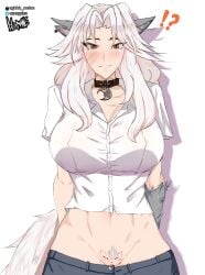 !? 1female 1girls 2d abs absurd_res artist_name bloxmane blush clitoris clothed collar deadlock female grey_fur hairy_pussy highres light-skinned_female light_skin massive_breasts mature_female milf nipple_bulge nipples orange_eyes pants_down pants_pulled_down piercing scars silver_(deadlock) simple_background solo solo_female tagme telegram_username tomboy twitter_username ughhh_melon vagina valve werewolf white_fur white_hair white_shirt white_skin wolf_ears wolf_girl