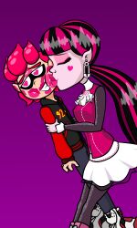 1boy 1girls 2d 2d_(artwork) age_difference bangs beauty_mark beauty_mark_under_eye black_hair closed_eyes cute_couple draculaura earrings eyelashes eyeshadow flat_colors goth goth_girl gothic grabbing grabbing_another's_arm happy heart-shaped_pupils heart_symbol hood hood_down hoodie hug hugging hugging_partner inkling inkling_boy kiss_mark kissing legwear lips lipstick lipstick_mark lipstick_mark_on_face long_hair male mk210 monster monster_girl monster_high number number_on_clothing pink_body pink_hair pink_lips pink_lipstick pointy_ears short_hair size_difference skirt small_breasts smile smiling sneakers splatoon straight_bangs sweater twintails two_tone_hair vampire vampire_girl white_skirt wholesome wholesome_hug