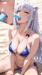 ai_generated animal_ears beach big_breasts bikini dog_days ice ice_cream_on_breasts ice_pop leonmitchelli_galette_des_rois nnnyr pleasure_face popsicle popsicle_in_mouth popsicle_stick sitting sitting_on_beach sitting_on_sand spread_legs stable_diffusion sucking tail tongue tongue_out white_hair yellow_eyes