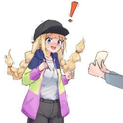 autograph baseball_cap blonde_hair blue_eyes blush braid hoodie paripi_koumei shocked shocked_expression tsukimi_eiko