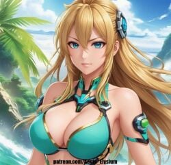 1girls aegis_elysium ai_art ai_generated bikini blonde_hair blue_eyes blushing_at_viewer breasts cleavage female_focus gem hair_ornament headpiece huge_breasts jewelry large_breasts long_sleeves navel original_character patreon patreon_username smile solo solo_focus