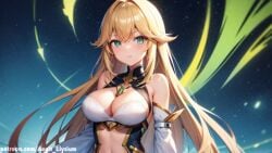 1girls aegis_elysium ai_art ai_generated blonde_hair blushing_at_viewer breasts cleavage earrings elbow_gloves female_focus gem gloves green_eyes hair_ornament headpiece huge_breasts jewelry large_breasts long_sleeves navel original_character patreon patreon_username smile solo solo_focus tiara