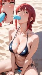 ai_generated beach big_breasts bikini black_bikini braid braided_hair chainsaw_man ice ice_cream_on_breasts ice_pop makima_(chainsaw_man) nnnyr pleasure_face popsicle popsicle_in_mouth popsicle_stick red_hair sitting sitting_on_beach sitting_on_sand spread_legs stable_diffusion sucking tongue tongue_out visible_pussy yellow_eyes