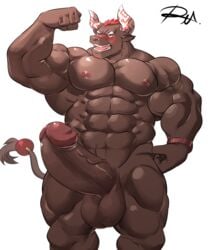 2019 anthro balls biceps boner bovine cattle erection furry gyumao male male_only mammal muscular muscular_male nipples nude pecs penis reclamon simple_background solo tokyo_afterschool_summoners video_games white_background