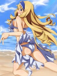 1girls ass beach beach_clothes blonde_hair blue_eyes bra breasts cecilia_alcott female_only highres infinite_stratos long_hair looking_at_viewer looking_back looking_back_at_viewer panties peace_sign sideboob skirt skirt_lift thick_ass thick_thighs thighs very_long_hair