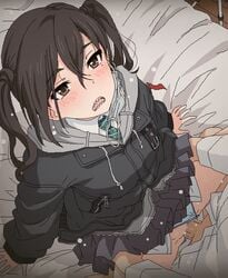 1boy arm_support bangs bed black_coat black_hair black_skirt blue_panties blush censored clothed_sex clothing_aside coat collared_shirt dress_shirt eyebrows_visible_through_hair female flying_sweatdrops hair_between_eyes idolmaster idolmaster_cinderella_girls long_hair long_sleeves looking_at_viewer mask_pull miniskirt mole mole_under_eye mosaic_censoring necktie on_bed open_mouth panties panties_aside penis pleated_skirt sex sharp_teeth shirt sitting skirt solo_focus straight sunazuka_akira surgical_mask sweat teeth tomu_(tomubobu) twintails underwear vaginal_penetration white_shirt zipper_pull_tab