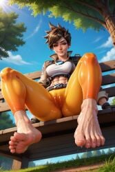 abs ai_generated cameltoe feet fit fit_female foot_fetish foot_focus looking_down looking_down_at_viewer low-angle_view outdoors overwatch plumpthlump sitting_on_bench skin_tight sweaty sweaty_feet toned toned_female tracer veiny_feet wet_crotch wet_spot