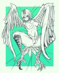 areola avian avian_feet big_feet blush blush_lines bonnie_guerra chain_collar claws clitoral_hood clitoris collar collar_only european_mythology feathered_wings feathers feet female genitals greek_mythology green_background harpy hi_res humanoid knee_tuft leg_tuft mythological_avian mythological_creature mythology nipples nude pubes restricted_palette simple_background solo spiked_collar spikes tail tail_feathers tuft winged_arms wings