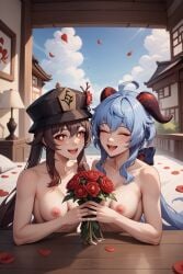 ai_generated bedroom brim_118 closed_eyes female ganyu_(genshin_impact) genshin_impact happy hat horns hu_tao_(genshin_impact) nude nude_female open_mouth petals roses two_girls