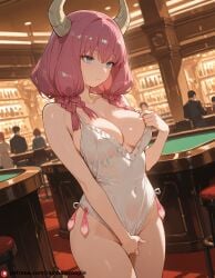 ai_generated aura_(sousou_no_frieren) beautfiul_background blue_eyes breasts casino cleavage cluttered_room condom_belt covered_nipples exhausted horns masturbation multiple_braidssmall_breasts pink_hair purple_hair stunning_backgroud