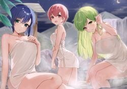 3girls absurdres alternate_version_available bathrobe blue_eyes blue_hair breasts catria_(fire_emblem) commission est_(fire_emblem) fire_emblem fire_emblem:_mystery_of_the_emblem green_eyes green_hair haru_(nakajou-28) highres large_breasts medium_breasts multiple_girls naked_towel night nintendo onsen outdoors palla_(fire_emblem) pink_eyes pink_hair same-sex_bathing shared_bathing siblings sisters small_breasts steam towel