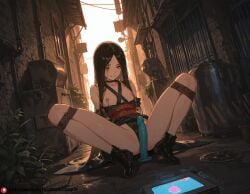 ai_generated arms_restrained beautfiul_background dark_alley dildo grin mist-covered_ground nipple_piercing small_breasts sparse_vegetation spread_legs straight_legs stunning_backgroud tip_toe unohana_retsu warm_breeze woman_stuck_inside_arcade_game