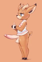 2019 animal_crossing animal_ears antelope anthro balls beau_(animal_crossing) beige_background beverage big_penis blue_eyes bottomless brown_fur cervine chibi clothed clothing coffee curved_horns deer deer_ears drinking erection eyelashes full_body furry half-closed_eyes holding_cup hooves horn horns huge_cock humanoid humanoid_penis male male_only mammal mug nintendo penis shirt short_tail simple_background solo somnamg standing steam sweater tea thick_thighs turtleneck_sweater video_games white_sweater