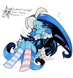 blue_body blue_eyes blue_hair blue_skin blue_socks blush cookie_run cookie_run_kingdom cringe cuntboy intersex jester pink_socks shadow_milk_cookie