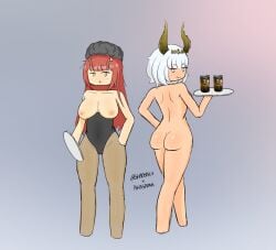2girls akasamaishere angry_face artist_name artist_signature bloxy_cola breasts bunny_costume bunny_tail bunnysuit exposed_ass exposed_breasts exposed_nipples female half-dressed half_naked large_ass large_breasts maid roblox roblox_avatar roblox_game robloxian servant serving_tray shaospicy surprised surprised_expression two_girls