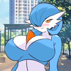 1:1 2025 big_breasts blue_eyes blue_hair blush breasts cleavage clothed clothing digital_media_(artwork) evaacii female gardevoir generation_3_pokemon hair hi_res huge_breasts humanoid looking_at_viewer nintendo not_furry orange_eyes pokemon pokemon_(species) pokemorph shiny_pokemon smile solo