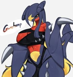 2023 anthro big_breasts breasts cleavage cleavage_cutout clothed clothing cutout eyelashes female game_freak garchomp generation_4_pokemon hair hi_res long_eyelashes long_hair looking_at_viewer multicolored_body nintendo pokemon pokemon_(species) pokemorph scalie sharp_teeth side_boob simple_background small_waist solo tail teeth text thick_thighs togetoge torn_clothing yellow_eyes