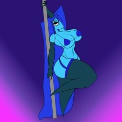 amigdala_(divanny_analitik) antikek black_lingerie black_panties black_sleeves blue_body blue_hair blue_skin cyclops cyclops_girl dance_pole dancing divanny_analitik fanart highres huge_breasts lingerie pole pole_dancing reupload small_bikini stitch-coki telegram