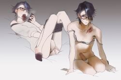 1boy absurdres anal_fingering black-framed_eyewear black_hair blush bra cellphone closed_mouth collarbone crossdressing crossdressing_(mtf) erection fingering fushimi_saruhiko glasses highres holding holding_phone k-project lying male_focus male_underwear navel nipples on_back on_bed panties penis penis_out phone saliva shirt short_hair skinny smartphone sock_in_mouth socks solo thighs treslech3s underwear white_shirt