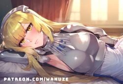 ai_generated aiz_wallenstein armor big_ass big_breasts big_butt big_thighs blonde_hair blush breasts dress dungeon_ni_deai_wo_motomeru_no_wa_machigatteiru_darou_ka expressionless female headband huge_ass huge_butt huge_thighs lying medium_breasts on_side sideboob wanuze wide_hips yellow_eyes