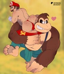 2boys angry anthro ape ass ass_hair blue_overalls body_hair brown_fur brown_hair bulge clothing donkey_kong donkey_kong_(dkbananza) donkey_kong_(series) donkey_kong_bananza donkey_kong_in_overalls duo erection fabssdaf facial_hair fur furry furry_male gay gorilla grin hairy hairy_male hat heart human human_on_anthro interspecies larger_male light-skinned_male light_skin looking_at_another male male/male male_only mammal mature mature_anthro mature_male muscles muscular muscular_anthro muscular_male mustache nintendo open_mouth overalls primate red_hat red_thong size_difference smaller_male smiling white_gloves yaoi