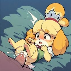 !? 1boy ai_generated animal_ears bar_censor barefoot bed bed_sheet black_eyes blonde_hair blush blush_stickers bottomless bright_pupils clitoris clothed_female_nude_male clothed_sex cum cum_in_pussy dog_ears dog_girl dog_tail drooling ejaculation erection female furry hair_ornament hands_up heart heavy_breathing legs_up looking_at_another looking_up lying male missionary motion_lines on_back on_bed open_mouth orgasm overflow penis puffy_sleeves pussy rolling_eyes saliva sex shiny shiny_hair shiny_skin shirt shizue_(doubutsu_no_mori) short_sleeves skirt smile solo_focus speech_bubble spread_legs straight sweat tail tears tied_hair toes tongue topknot trembling uncensored underwear vaginal_penetration veins veiny_penis vest white_pupils white_shirt