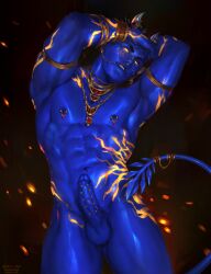 1boy absurdres annas_anya armpits arms_up artist_name ass_visible_through_thighs black_background blue_skin bluesky_logo bluesky_username brown_hair colored_skin commentary commission completely_nude covered_penis cowboy_shot erection gem highres jewelry legs male_focus male_only muscular muscular_male navel necklace nipple_indents nipple_piercing nipples nude original pectorals penis penis_piercing piercing red_gem short_hair simple_background solo stomach symbol-only_commentary tail testicles thighs twitter_username