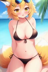 :d animal_ear_fluff animal_ears arms_behind_back bangs bare_arms bare_shoulders beach bikini black_bikini blonde_hair blue_sky blurry blurry_background blush breasts cleavage cloud cloudy_sky collarbone cowboy_shot day depth_of_field eyebrows_visible_through_hair eyewear_on_head female fox_ears fox_girl fox_tail front-tie_bikini front-tie_top groin hair_between_eyes hair_ornament hairclip halter_top halterneck heart-shaped_eyewear horizon large_breasts looking_at_viewer medium_breasts multi_tail navel ocean oerba_yun_fang open_mouth outdoors palm_tree parted_lips sand seiza short_hair side-tie_bikini sitting sky smile solo stomach string_bikini striped_bikini sunglasses swimsuit tail thighs tree water white-framed_eyewear yellow_eyes