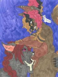 5_fingers angry angry_sex anthro anthro_on_anthro anthro_penetrated anthro_penetrating anthro_penetrating_anthro black_claws black_nipples blue_background bodily_fluids breasts brown_body brown_eyebrows brown_fur brown_hair brown_inner_ear_fluff brown_penis canid canine canis claws cum cum_from_nose cum_in_mouth cum_in_nose cum_inside duo ear_piercing eyebrows fellatio female fingers fur gauged_ear genital_fluids genitals grey_body grey_fur gynomorph gynomorph/male gynomorph_penetrating gynomorph_penetrating_male hair hi_res inner_ear_fluff intersex intersex/female intersex/male intersex_penetrating intersex_penetrating_male male male_penetrated mammal mephitid mikefox2400 multicolored_body multicolored_fur multicolored_hair nipples oral penetration penile penis piercing pink_eyes pink_inner_ear_fluff pink_nipples red_eyebrows red_hair scar sex simple_background skunk slightly_chubby slightly_chubby_anthro slightly_chubby_gynomorph slightly_chubby_intersex tail tuft vein veiny_penis wolf